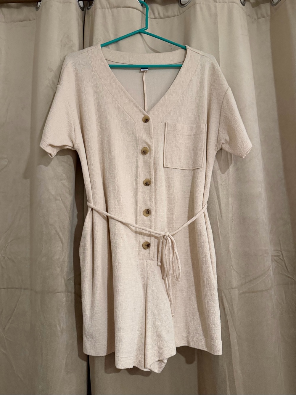 Old Navy Cream Button-Front Short Sleeve Romper with Tie Waist